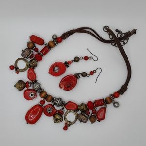 Women’s red coral leather boho southwestern necklace and earrings set